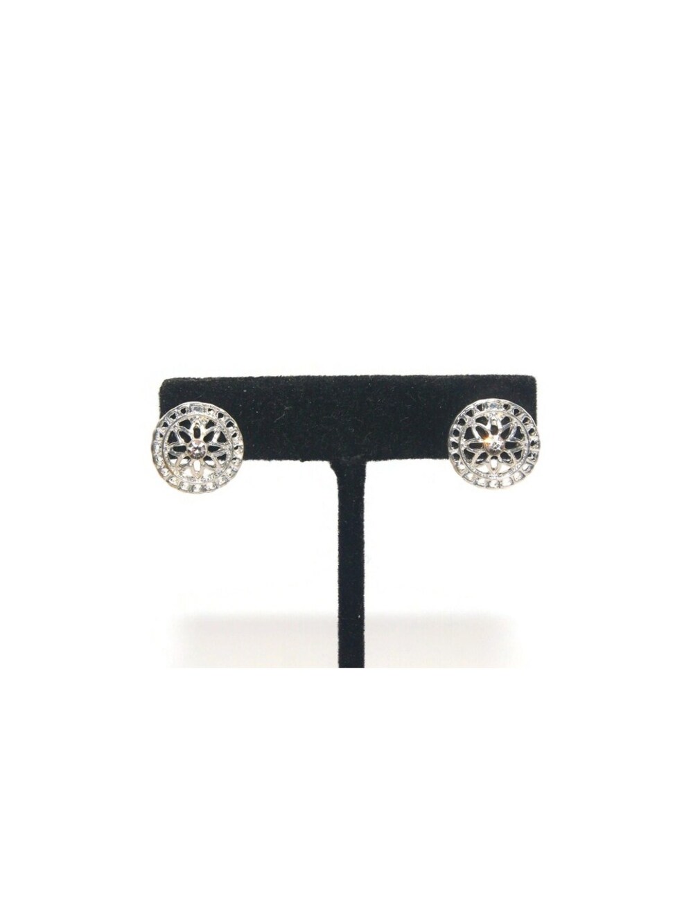 Vintage Silver Tone and Clear Rhinestones Round Stud Earrings.